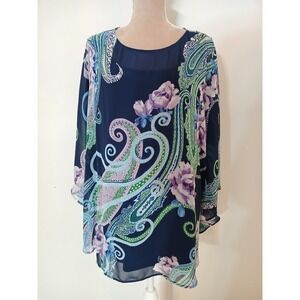 Bob Mackie Wearable Art Womens 2X Paisley Floral Poncho Blouse Set Navy Blue